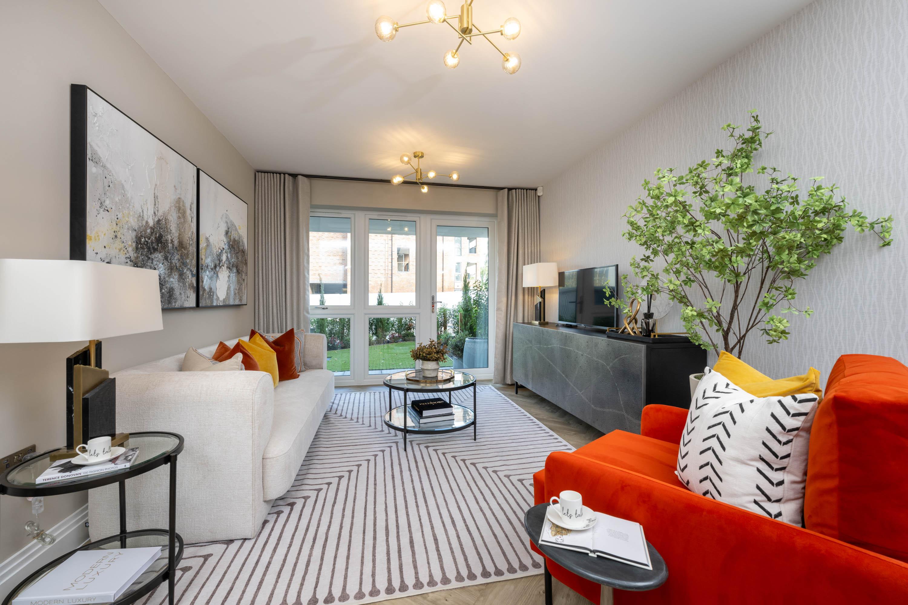 Lounge area of show home at Oaklands Park Esher